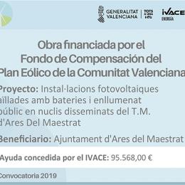 Ares obté 95.568 euros del Fons de Compensació del Pla Eòlic de l’IVACE (2019) // Ares obtiene 95.568 euros del Fondo de Compensación del Plan Eólico del IVACE (2019)