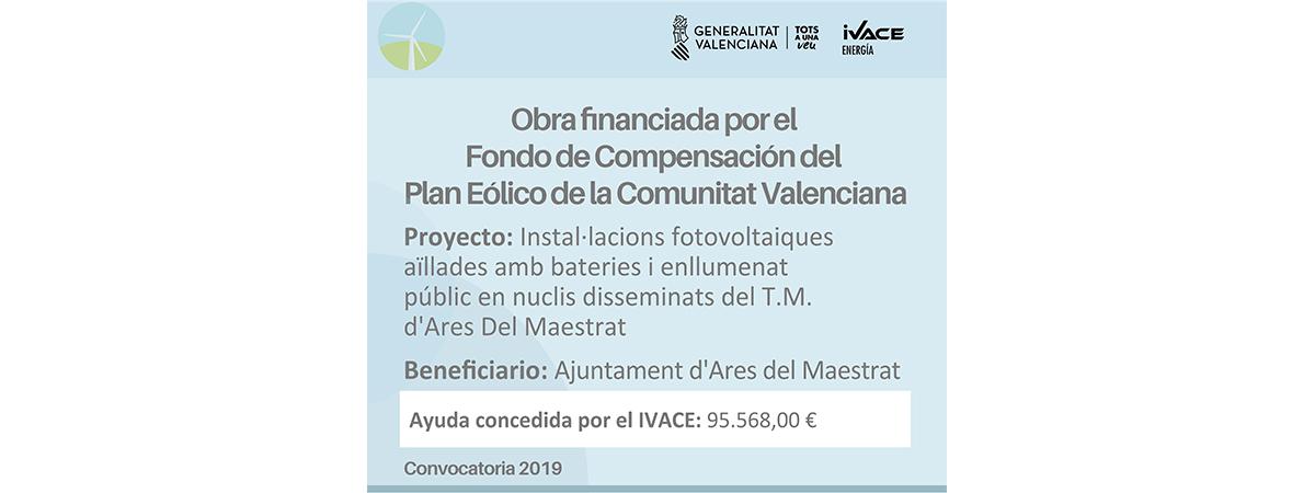 Ares obté 95.568 euros del Fons de Compensació del Pla Eòlic de l’IVACE (2019) // Ares obtiene 95.568 euros del Fondo de Compensación del Plan Eólico del IVACE (2019)